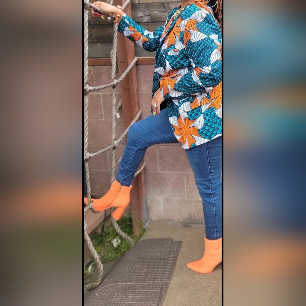 Afrocentric Womens Single Button Closure Blazer Orange and Teal Size L - Picture 8 of 8
